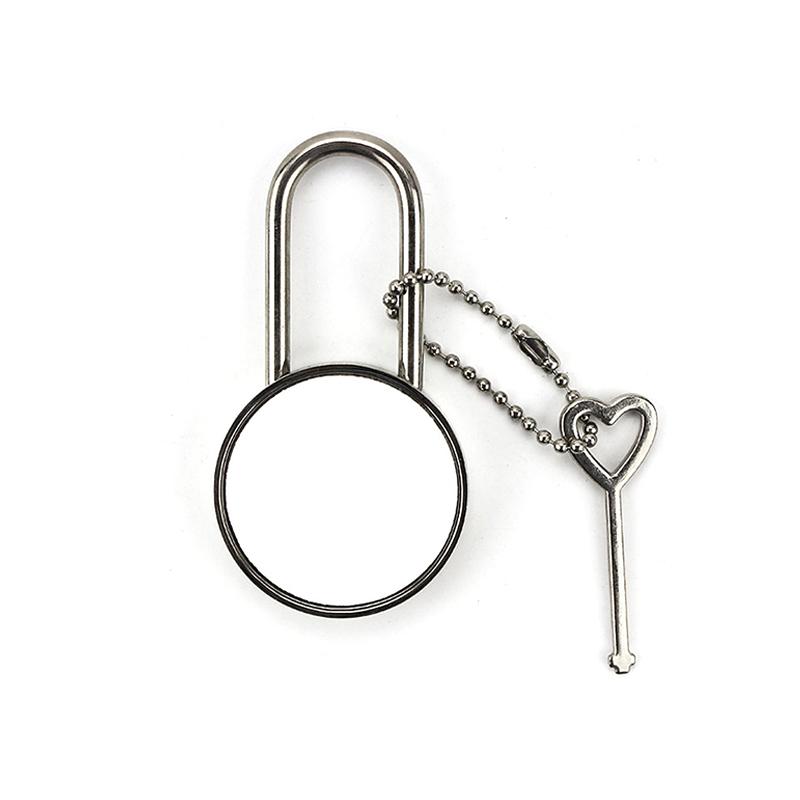 Blank metal padlock with round sublimation insert and heart-shaped key, ideal for engraving.