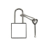 Blank metal padlock with square sublimation area and heart-shaped key on chain for laser engraving or sublimation personalization.