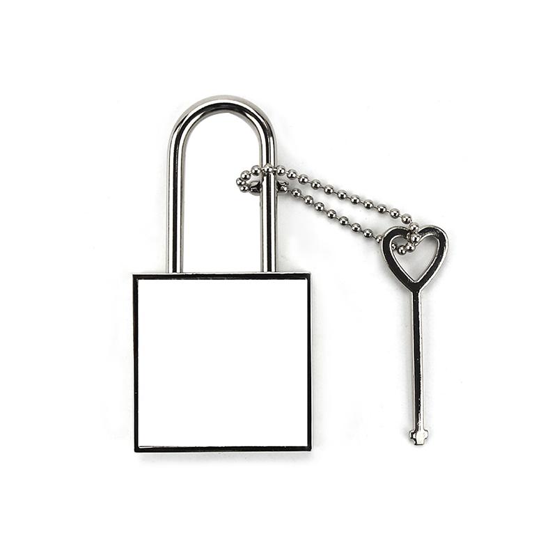 Blank metal padlock with square sublimation area and heart-shaped key on chain for laser engraving or sublimation personalization.