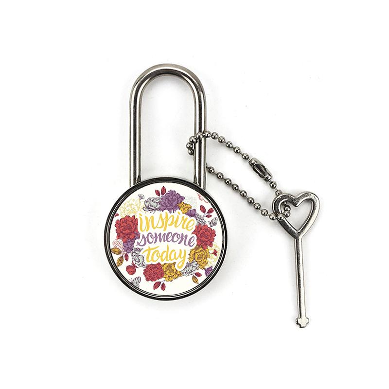 Blank sublimation metal padlock with heart key, floral 'Inspire Someone Today' design for engraving