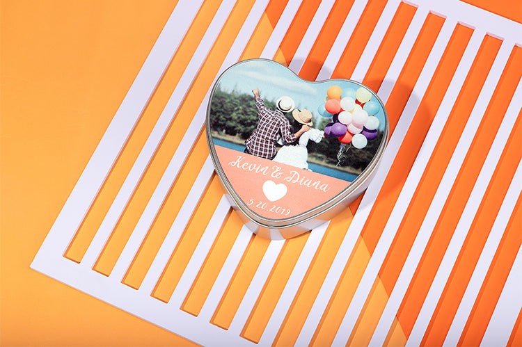 Heart-shaped sublimation blank tin box with custom photo and text, ideal for laser engraving.