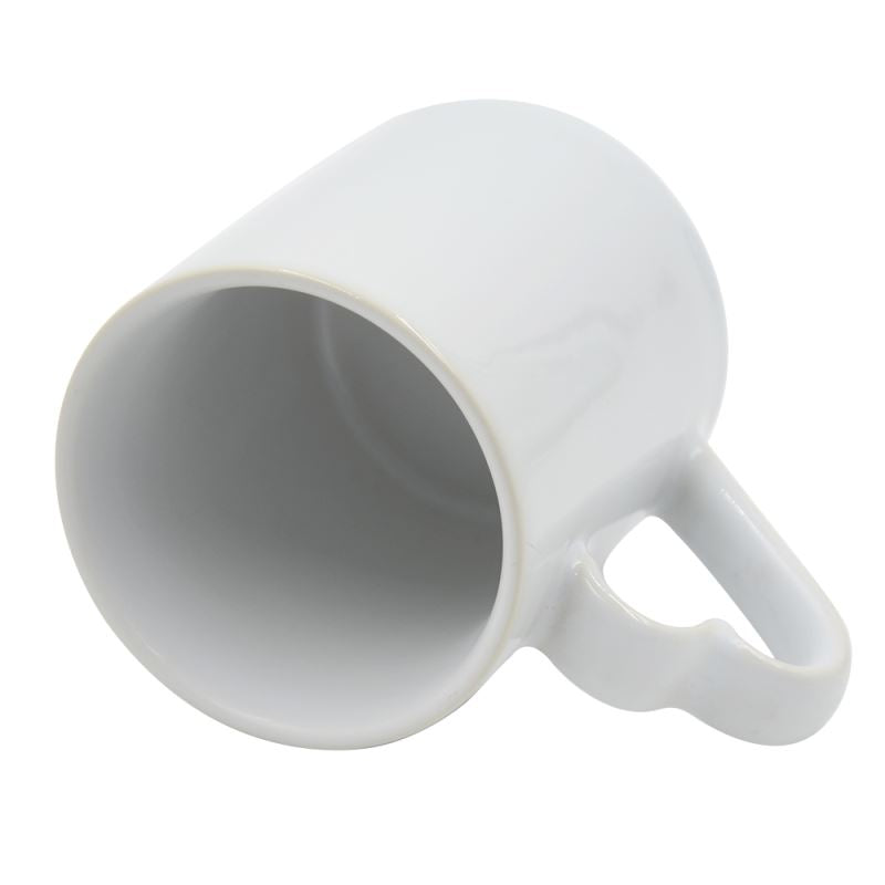 Blank white ceramic mug for sublimation or laser engraving, angled handle view