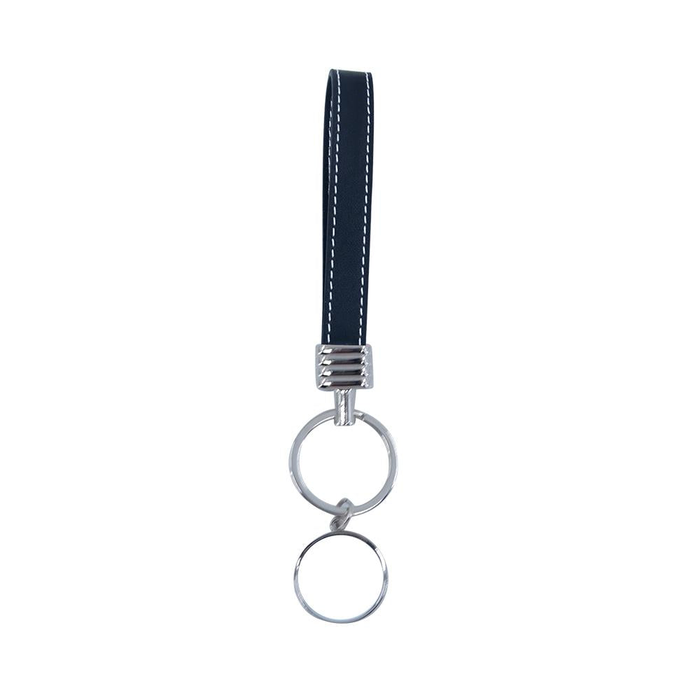 Black leather strap keyring with silver metal rings for sublimation or laser engraving