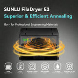 SUNLU FilaDryer E2 filament dryer with dual-chamber design, 110°C max temp, and 20-hour moisture retention for professional 3D printing materials.
