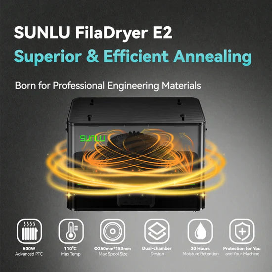 SUNLU FilaDryer E2 filament dryer with dual-chamber design, 110°C max temp, and 20-hour moisture retention for professional 3D printing materials.
