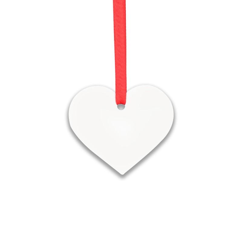 blank heart-shaped sublimation ornament with red ribbon, ideal for laser engraving