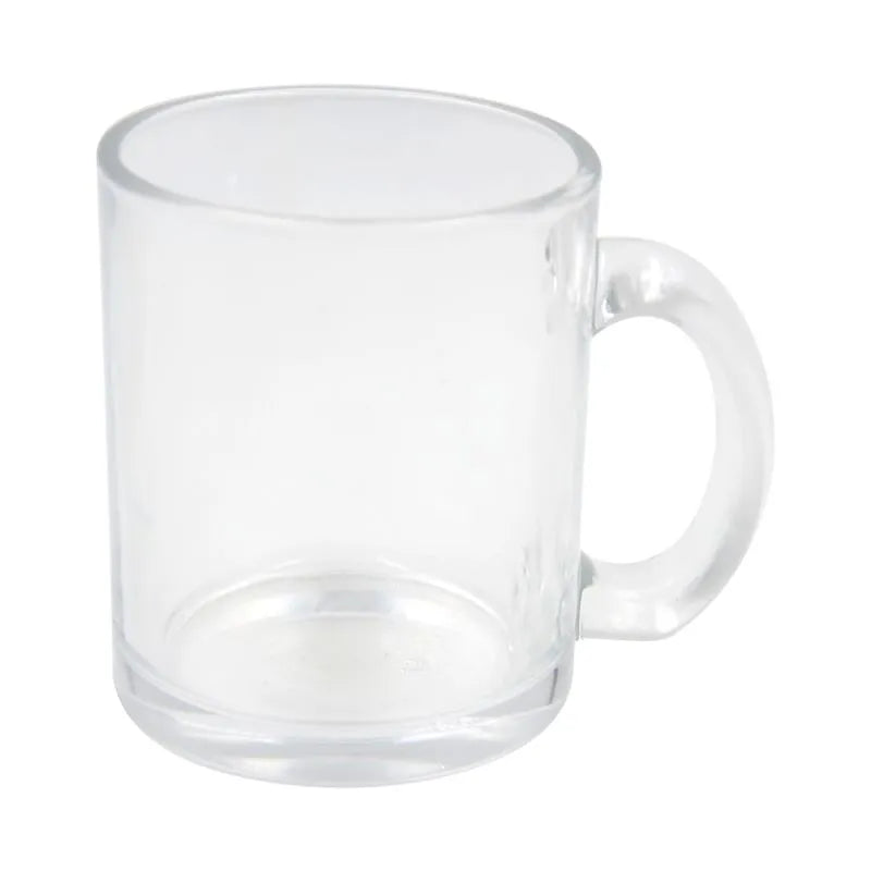 10oz clear glass sublimation mug with a smooth cylindrical shape and sturdy handle, ideal for custom printing and personalized drinkware.