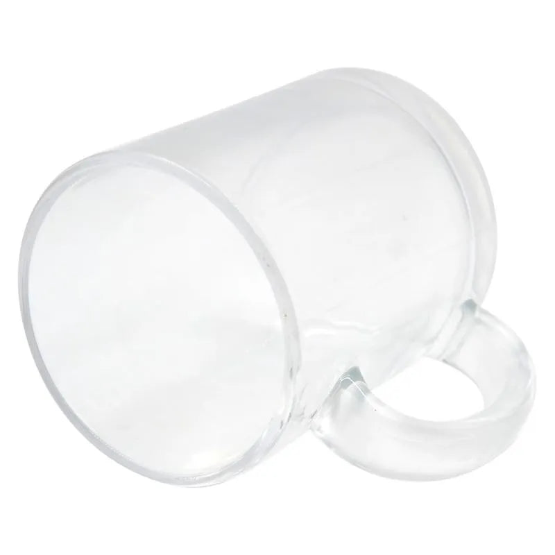 Angled view of 10oz clear glass sublimation mug lying on its side, showcasing transparent surface perfect for custom designs and sublimation printing.
