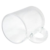 Angled view of 10oz clear glass sublimation mug lying on its side, showcasing transparent surface perfect for custom designs and sublimation printing.