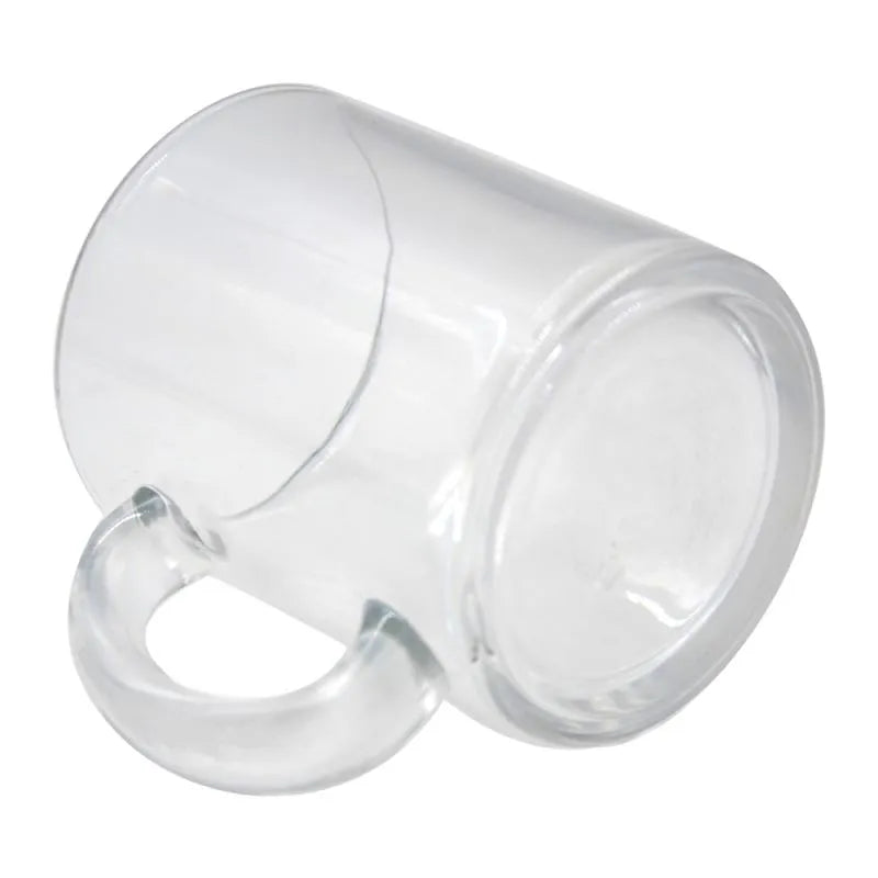 Bottom view of 10oz clear glass sublimation mug highlighting thick glass base and ergonomic handle, great for personalized kitchen and dining use.