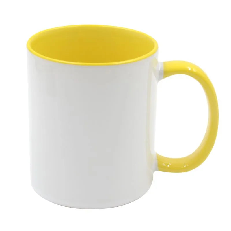 Blank 11oz Inner and Handle Colour Mug-Yellow featuring a white exterior and vibrant yellow interior and handle, perfect for personalized sublimation designs.