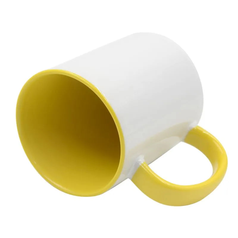 Angled view of 11oz Inner and Handle Colour Mug-Yellow showing glossy yellow interior and handle, ideal for custom sublimation printing projects.