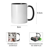 11oz white sublimation mug blank with black handle and inner, 8x9.5cm, for heat press printing.