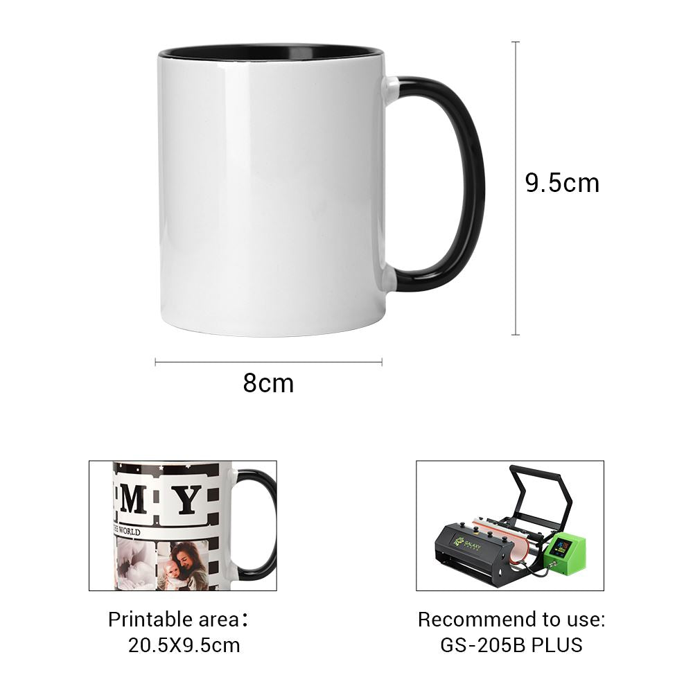 11oz white sublimation mug blank with black handle and inner, 8x9.5cm, for heat press printing.