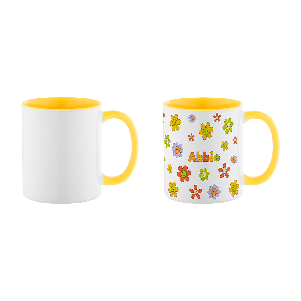 11oz Inner and Handle Colour Mug-Yellow shown blank and with floral sublimation design, great for personalized kitchen and dining drinkware gifts.