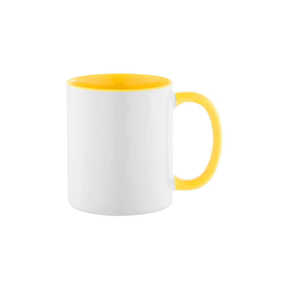 Side view of 11oz Inner and Handle Colour Mug-Yellow with glossy finish, designed for sublimation printing in home and garden tableware collections.