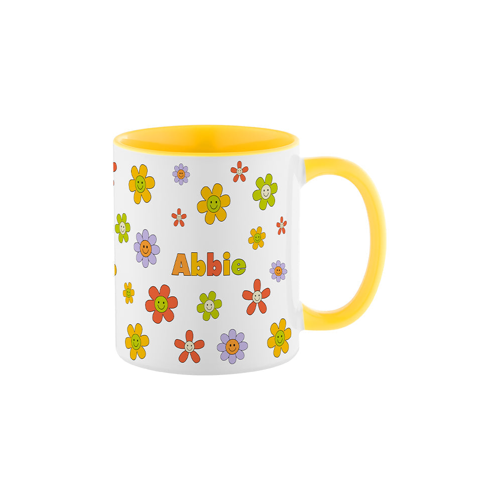 11oz Inner and Handle Colour Mug-Yellow with floral design and personalized name, ideal for sublimation printing and custom drinkware gifts.