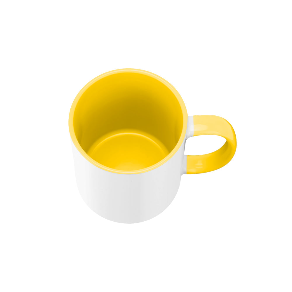 Top view of 11oz Inner and Handle Colour Mug-Yellow showing vibrant yellow interior, perfect for sublimation customization in kitchenware collections.