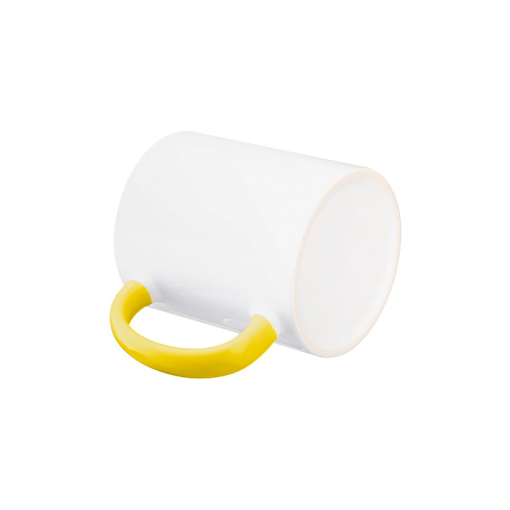Side view of blank 11oz Inner and Handle Colour Mug-Yellow lying down, showcasing yellow handle and inner surface for sublimation printing.