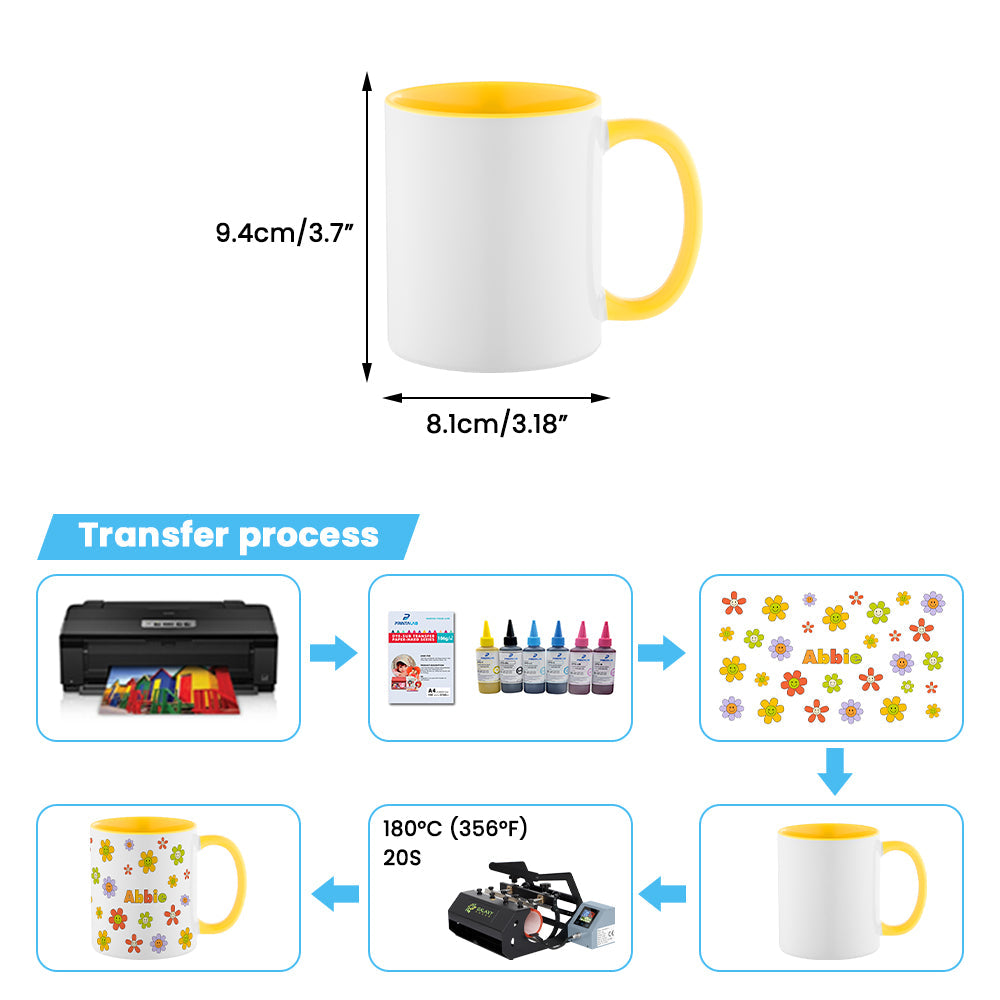 Sublimation process for 11oz Inner and Handle Colour Mug-Yellow showing printing steps, ideal for DIY personalized mugs and custom drinkware.