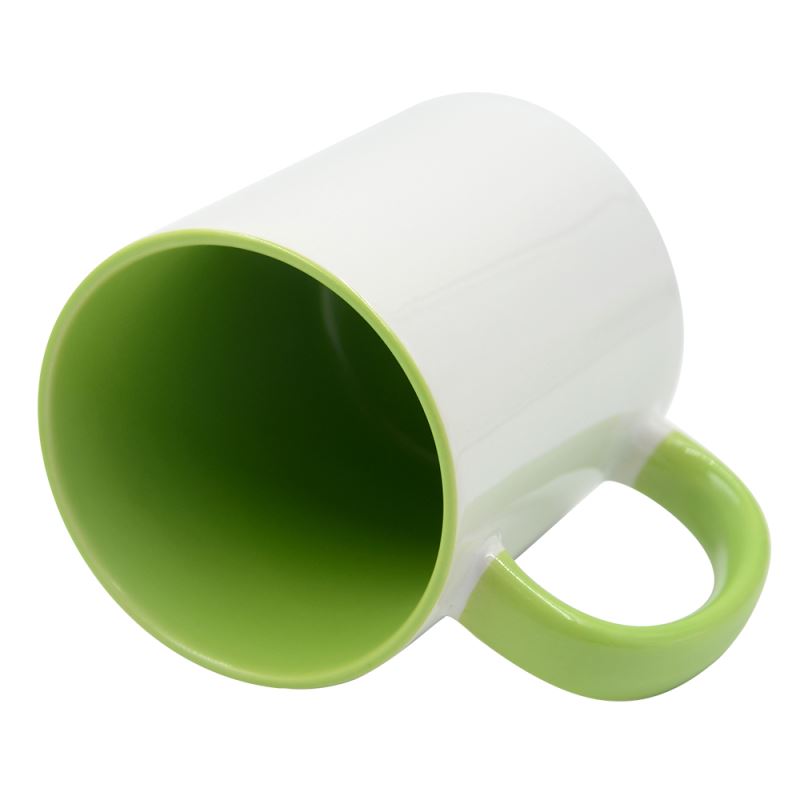11oz Inner and Handle Colour Mug Light Green with a vibrant green interior and handle, perfect for customization.