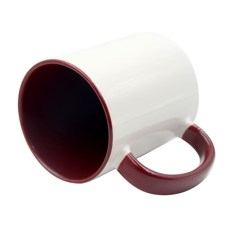 11oz Inner and Handle Colour Mug Maroon with mug box, showcasing maroon inner and handle design.