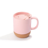 Matte pink 13oz sublimation coffee mug with eco-friendly detachable cork base and spill-resistant lid, perfect for personalized drinkware.