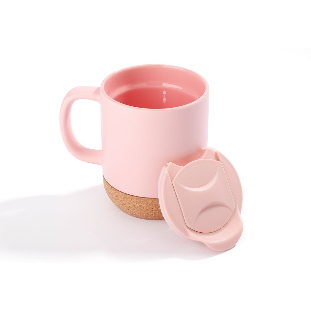 Open matte pink 13oz coffee mug with removable lid and cork base, highlighting easy cleaning and eco-friendly drinkware design.