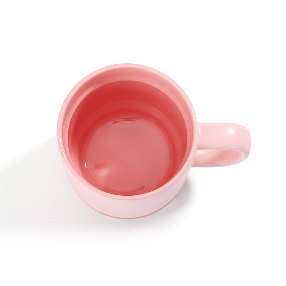 Top view of 13oz sublimation coffee mug with matte pink finish and detachable cork base, ideal for custom drinkware and personalized gift mugs.