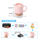 Sublimation transfer process for 13oz matte pink coffee mug with detachable cork base, showing printing steps and heat press settings.