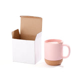 13oz sublimation coffee mug with detachable cork base in matte pink shown next to white packaging box, ideal for custom gift or retail display.