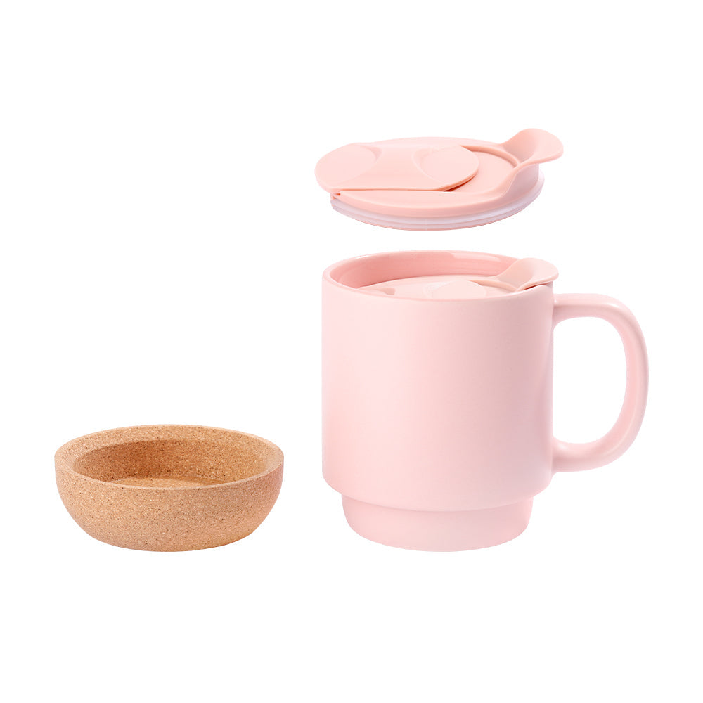 13oz sublimation coffee mug in matte pink with detachable cork base and lid, shown disassembled for easy customization and cleaning.
