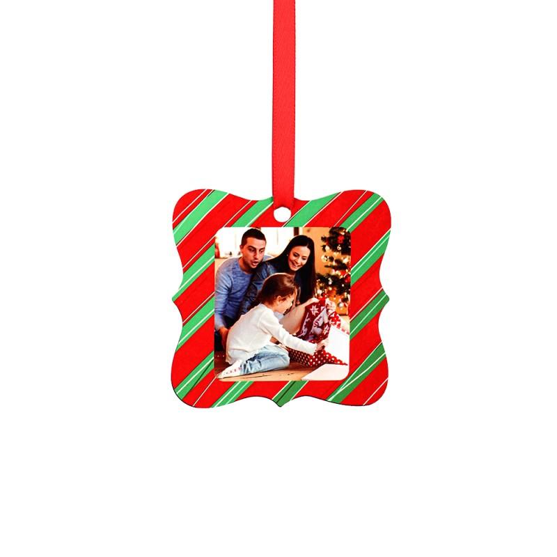 Sublimation blank Christmas ornament with red and green stripes, photo insert, hanging ribbon