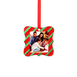 Sublimation blank Christmas ornament with red and green stripes, photo insert, hanging ribbon