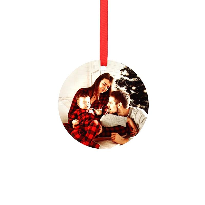 Blank sublimation ornament with family photo, hanging on red ribbon, for laser engraving