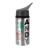 600ML portable aluminium bottle in silver with sublimation print featuring colorful animal and letter designs, ideal for custom hydration needs.