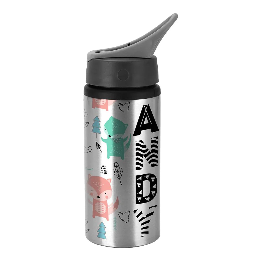 600ML portable aluminium bottle in silver with sublimation print featuring colorful animal and letter designs, ideal for custom hydration needs.