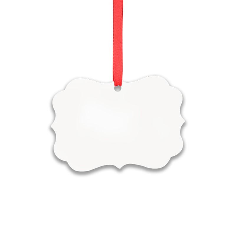 Blank sublimation ornament with scalloped edges and red ribbon, ideal for laser engraving.