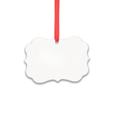 Blank sublimation ornament with scalloped edges and red ribbon, ideal for laser engraving.