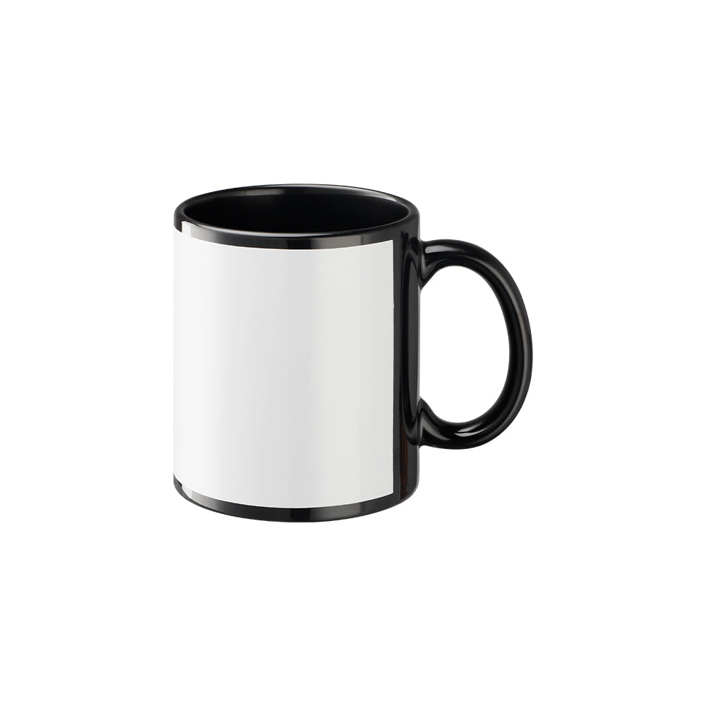 Blank black mug with white sublimation panel for heat transfer printing and laser engraving