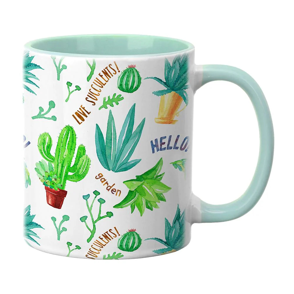 Custom printed 11oz ceramic mug with mint green inner and handle, featuring succulent-themed design on white sublimation surface.
