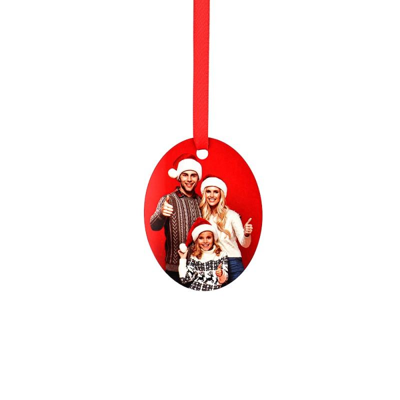 Sublimation blank oval ornament with printed family Christmas photo and red ribbon