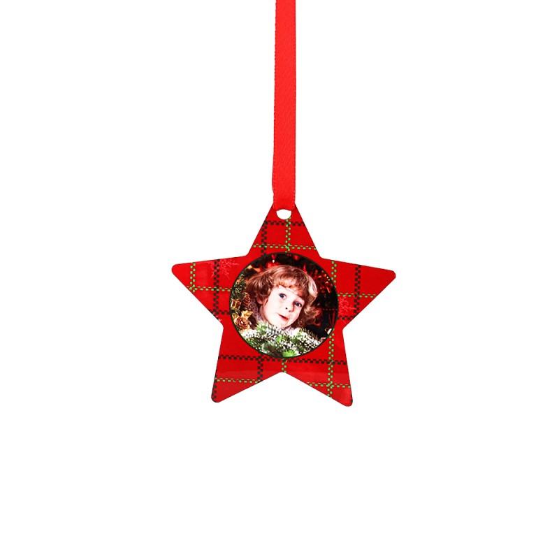 Red star-shaped sublimation blank ornament with plaid pattern and custom photo insert, hanging on ribbon.