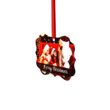 Sublimation blank Christmas ornament with Merry Christmas text, festive photo and red ribbon