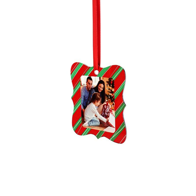 Sublimation photo ornament with red and green striped frame and ribbon, Christmas decor blank