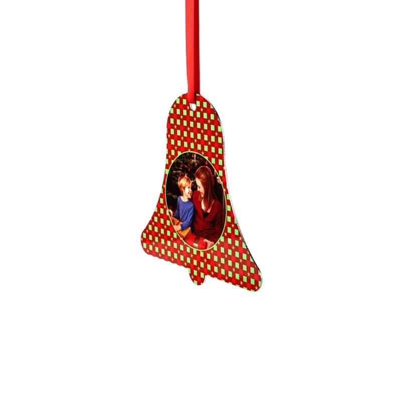 Sublimation blank Christmas bell ornament with red ribbon and custom photo insert for laser engraving