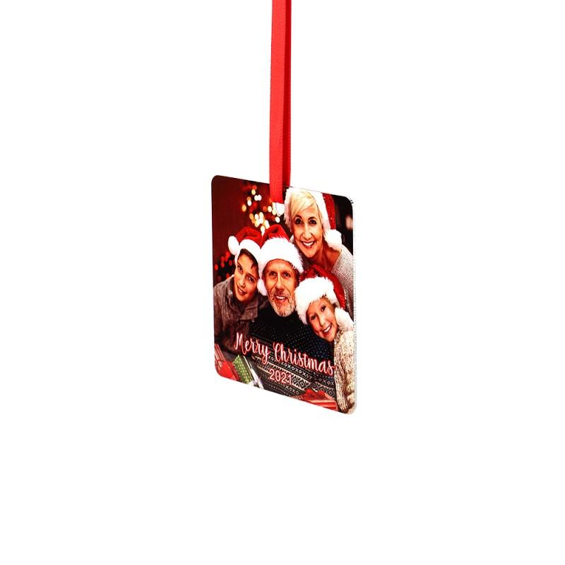 Sublimation blank Christmas ornament with family photo, red ribbon, and festive hats