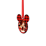Mickey head shaped sublimation blank ornament with red plaid border and photo, red ribbon