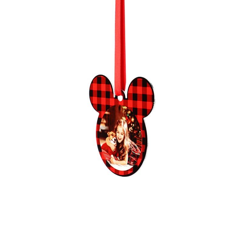 Mickey head shaped sublimation blank ornament with red plaid border and photo, red ribbon