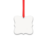 Blank scalloped square sublimation ornament with red ribbon, ideal for laser engraving